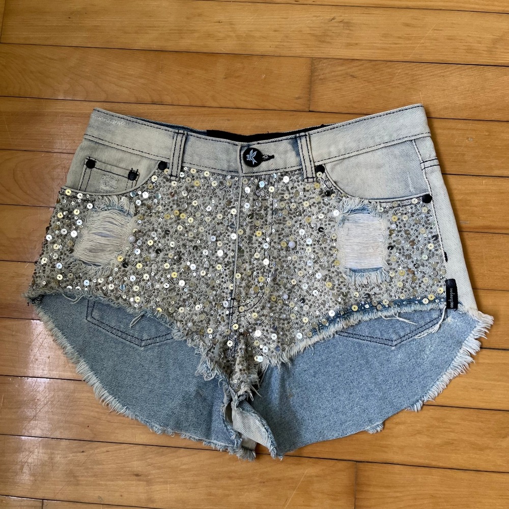One Teaspoon Light Wash Sequin Distressed Denim Shorts High Rise Cut Offs